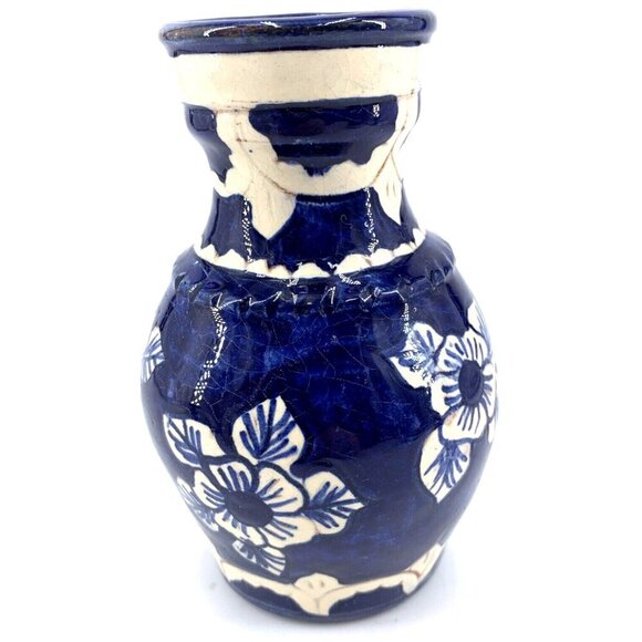 Redware Vase Mexican Blue & White Pottery Hand Painted 5" Vtg - Picture 2 of 6